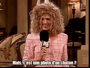 a woman holding a microphone with the words mais c'est une photo d' un chaton on the bottom