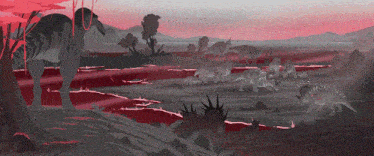a group of dinosaurs are standing in a field