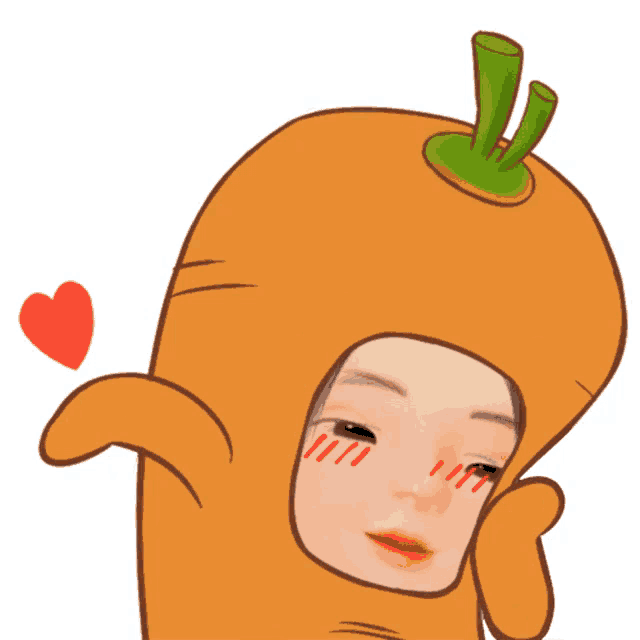 a cartoon drawing of a woman in a carrot costume with a heart in the background