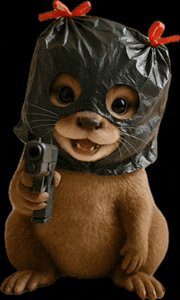 a stuffed animal wearing a black bag on its head holds a gun