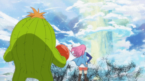 a cartoon of a girl standing next to a cactus
