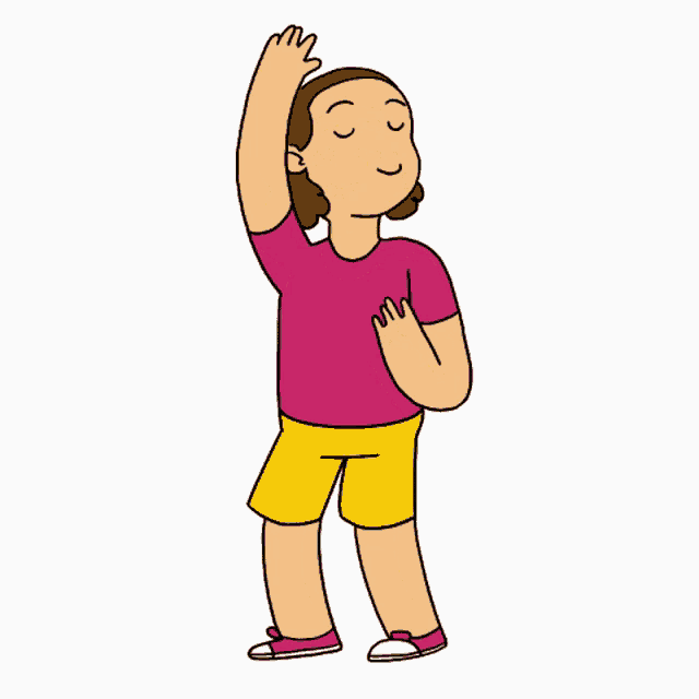 a woman in a pink shirt and yellow shorts is dancing with her hands in the air