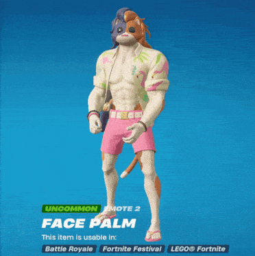 a video game character called face palm has a flamingo shirt and pink shorts on