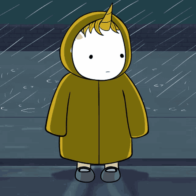 a cartoon of a unicorn wearing a yellow raincoat standing in the rain