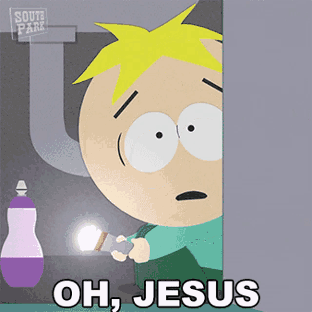 a south park character holding a flashlight and saying oh jesus