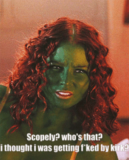 a woman with green paint on her face says scopely who 's that