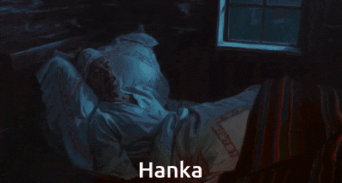 a painting of a man laying in a bed with the name hanka below him