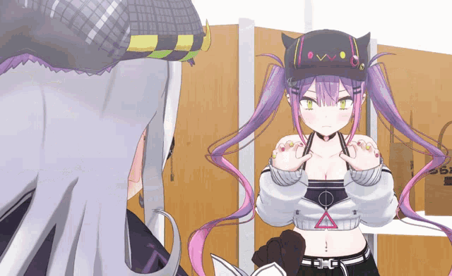 a girl with purple hair is wearing a black hat with a triangle on it