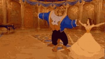 a beast and a princess are dancing in a ballroom
