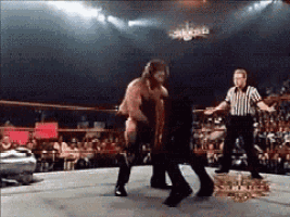 two men are wrestling in a ring with a referee