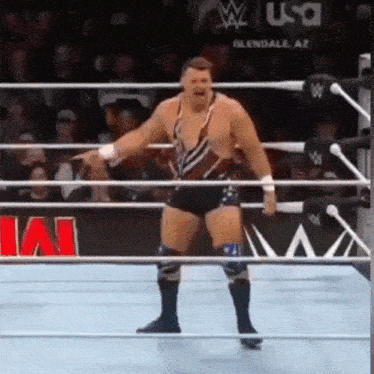 a wrestler is standing in a wrestling ring with a sign that says glendale az
