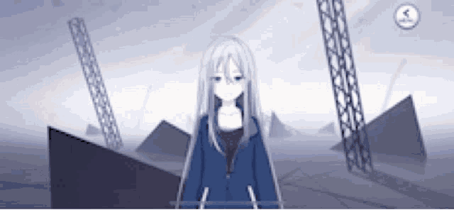 a girl with long white hair and blue eyes is standing in front of a tower .