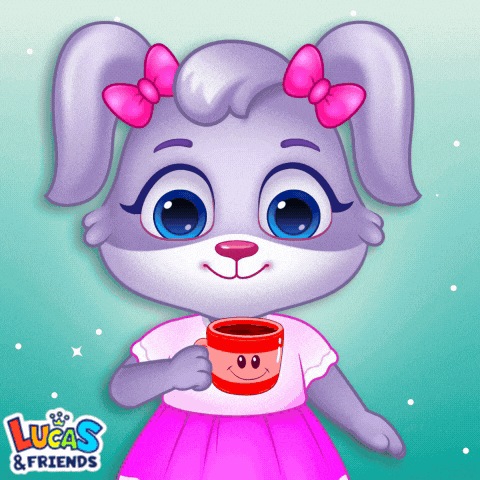 a cartoon of a rabbit holding a cup with lucas & friends written on the bottom right