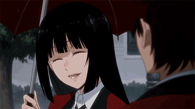 a close up of a anime girl with a red umbrella