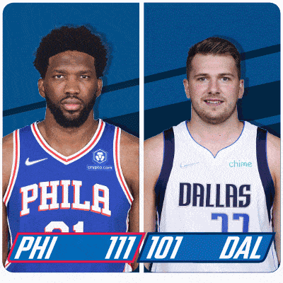 a philadelphia basketball player and a dallas basketball player on a blue background