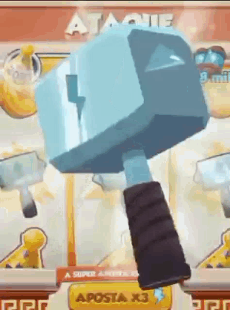 a blue hammer with a black handle is in a game .