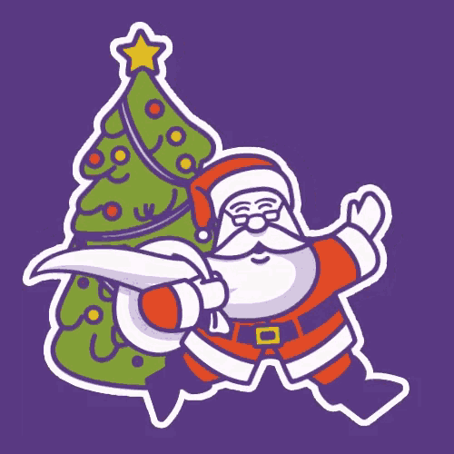 a sticker of santa holding a christmas tree