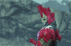 a man in a red and gold armor is pointing at something .