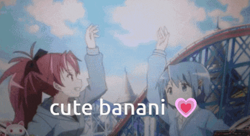 two anime girls are standing next to each other and the words cute banani are on the bottom