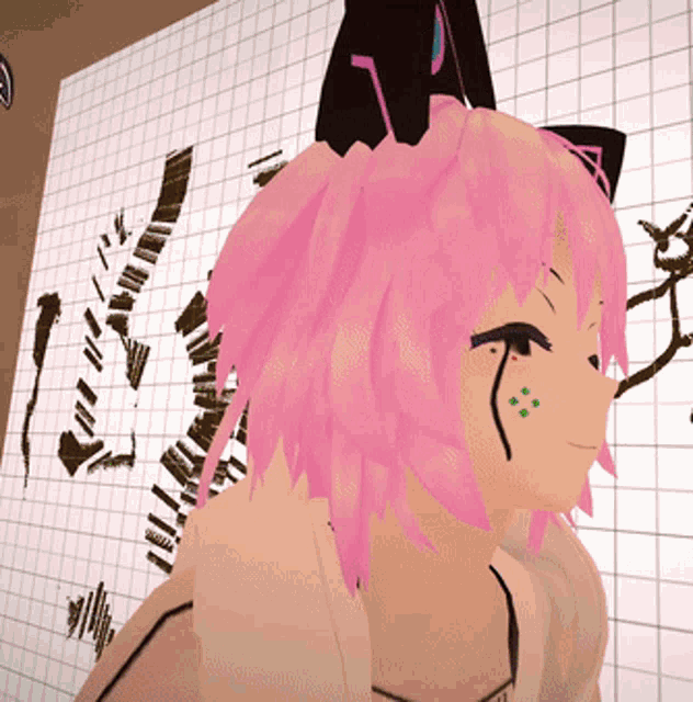 a girl with pink hair is standing in front of a wall