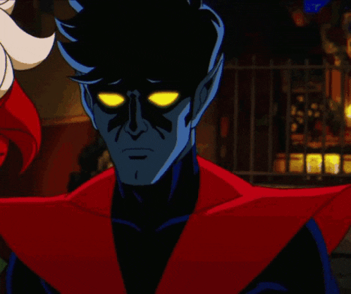 a cartoon character with glowing yellow eyes and a red mouth
