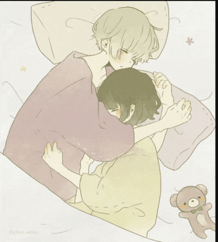 a drawing of a boy and a girl hugging each other with a teddy bear in the background