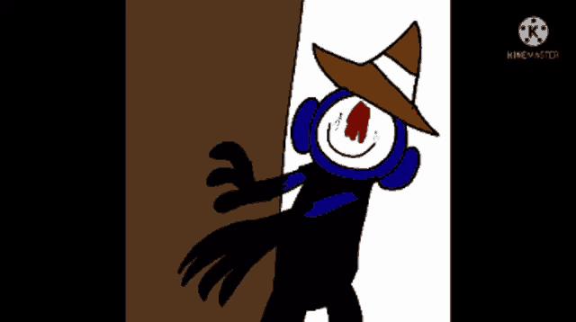 a cartoon character wearing a hat and scarf is standing in front of a wall .