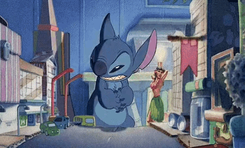 a cartoon of stitch standing in front of a building with a sign that says ' a ' on it