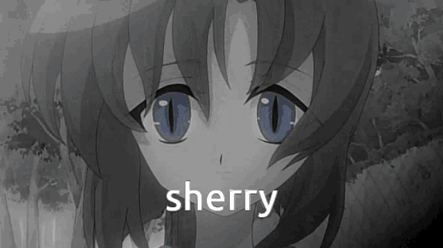 a black and white image of a girl with blue eyes and the word sherry written below her