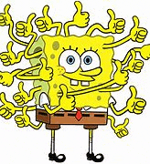 spongebob squarepants is giving a thumbs up sign with many hands .