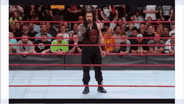 a wrestler is standing in the middle of a wrestling ring in front of a crowd .