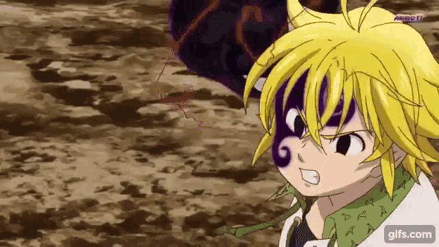 a cartoon character with yellow hair is standing in the dirt .
