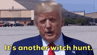 donald trump is wearing a suit and tie and says it 's another witch hunt
