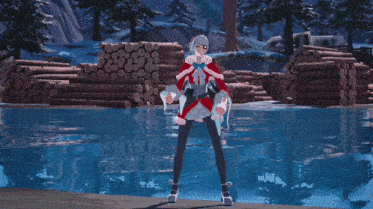 a girl in a santa suit is standing in front of a pile of logs