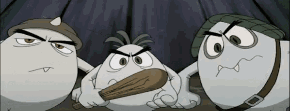 three cartoon characters are standing next to each other .