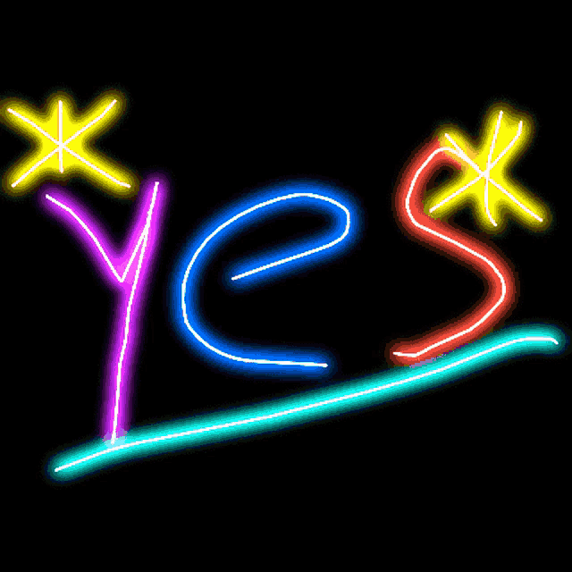 a neon sign that says " yes " with stars around it