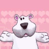 a polar bear with purple ears is standing on a pink background with hearts .