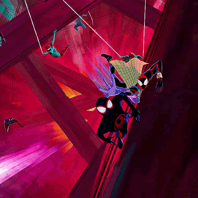 a painting of spider-man hanging from a rope in a dark room