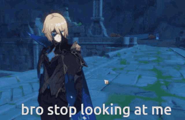 a video game character with the words bro stop looking at me below him
