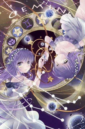 a girl with purple hair is standing in front of a circle with the letter ii on it
