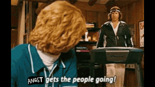 a man on a treadmill with the words angst gets the people going
