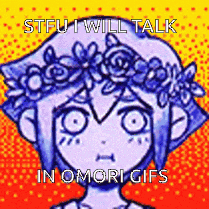 a cartoon girl with a crown of flowers on her head is talking in omori gifs .