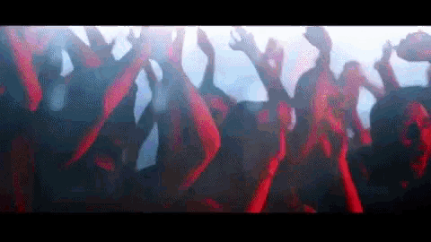 a crowd of people are raising their arms in the air