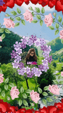 a picture of a girl surrounded by pink and purple flowers with angel written on the bottom