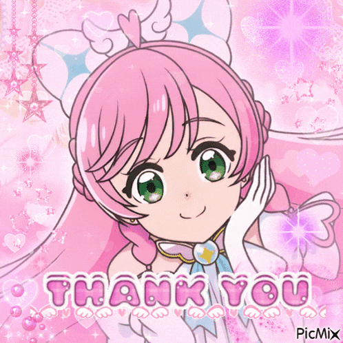 a picture of a girl with pink hair and the words thank you