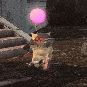 a cartoon character wearing a helmet and goggles holds a pink ball