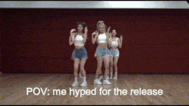 a group of women are dancing in a room with the words pov : me hyped for the release below them
