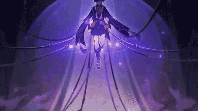 a woman in a purple dress is flying through a purple light .