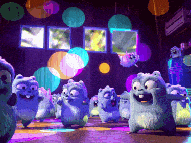 a bunch of cartoon characters are dancing in a room