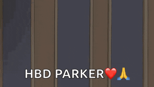 a cartoon of a man with pink hair and green glasses that says hbd parker